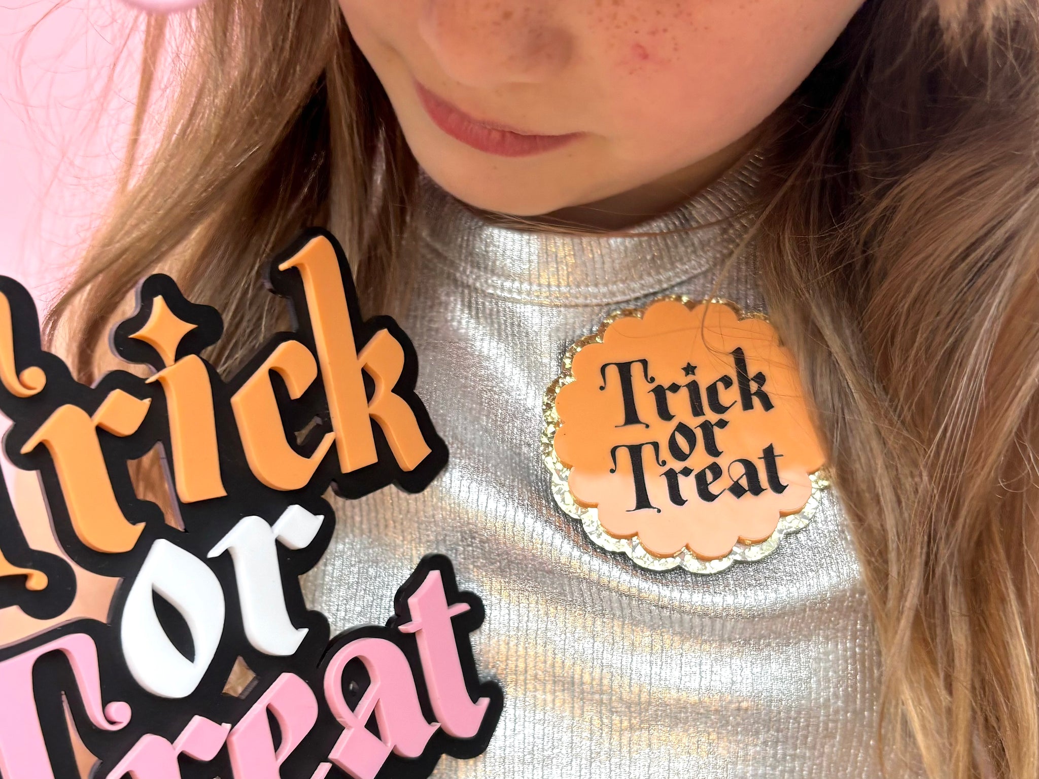 PEACH + GOLD TRICK OR TREAT MAGNETIC BADGE