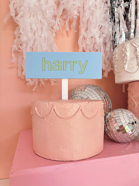 DUSTY BLUE CUSTOM NAME PLAQUE - Cake Topper (with removable stake)