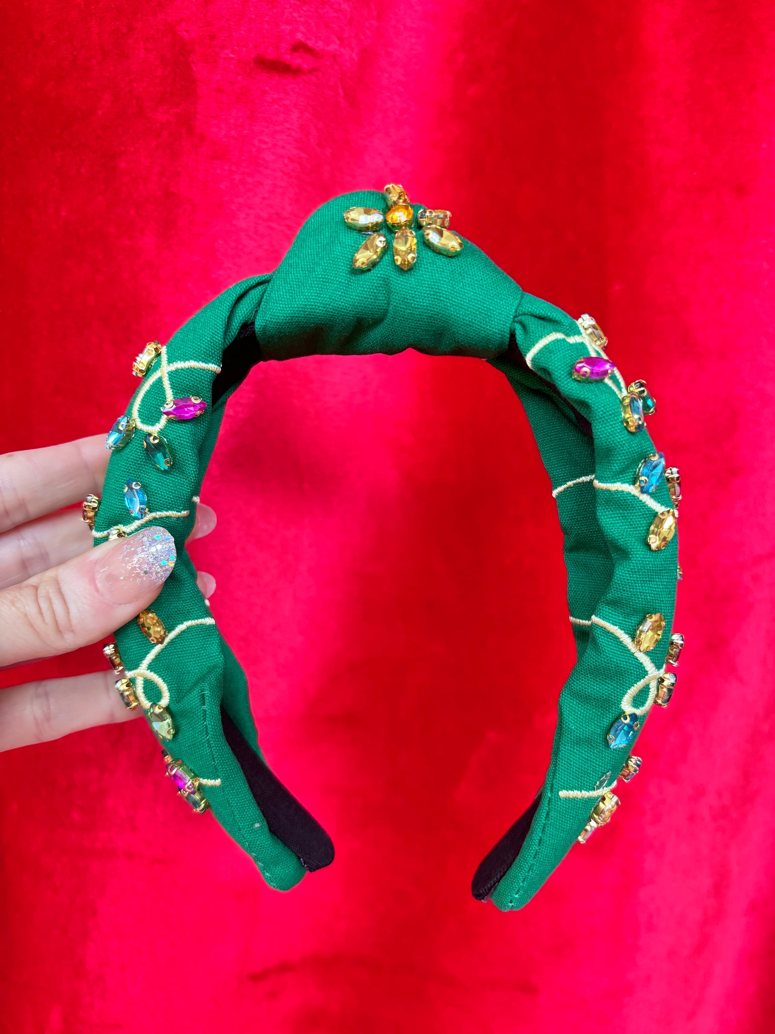 GREEN FABRIC AND JEWEL STRING LIGHTS HEADBAND