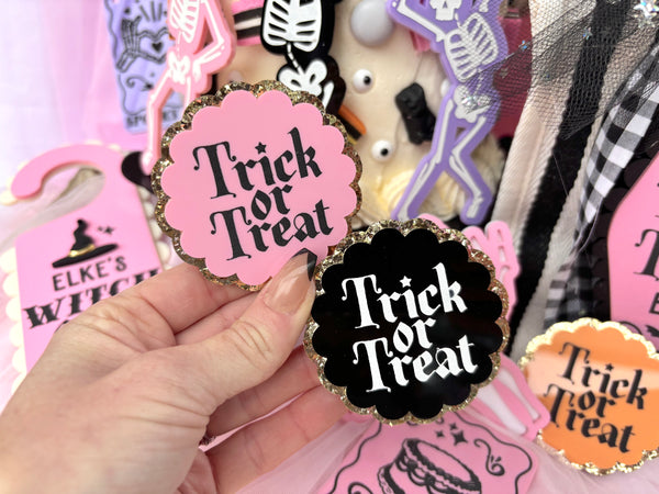 PEACH + GOLD TRICK OR TREAT MAGNETIC BADGE