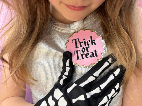 PINK + GOLD TRICK OR TREAT MAGNETIC BADGE